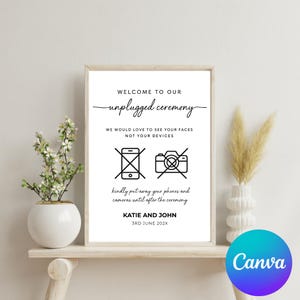 Puede incluir: Un cartel en blanco y negro con el texto "Bienvenido a nuestra ceremonia desconectada. Nos encantar&iacute;a ver sus caras, no sus dispositivos."  El cartel tambi&eacute;n incluye un icono de tel&eacute;fono y c&aacute;mara tachados. El texto "Por favor, guarde sus tel&eacute;fonos y c&aacute;maras hasta despu&eacute;s de la ceremonia" est&aacute; debajo de los iconos. El cartel tambi&eacute;n est&aacute; etiquetado con los nombres "Katie y John" y la fecha "3 de junio de 202X".