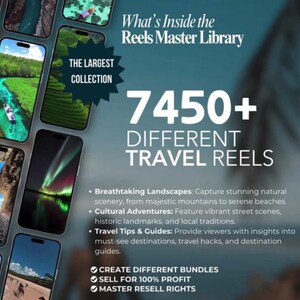 K&ouml;nnte beinhalten: Werbebild f&uuml;r eine Reise-Reel-Bibliothek. Der Text lautet "What's Inside the Reels Master Library" und "7450+ Different Travel Reels." Das Bild zeigt Handy-Bildschirme mit Reisevideos und Aufz&auml;hlungspunkten.
