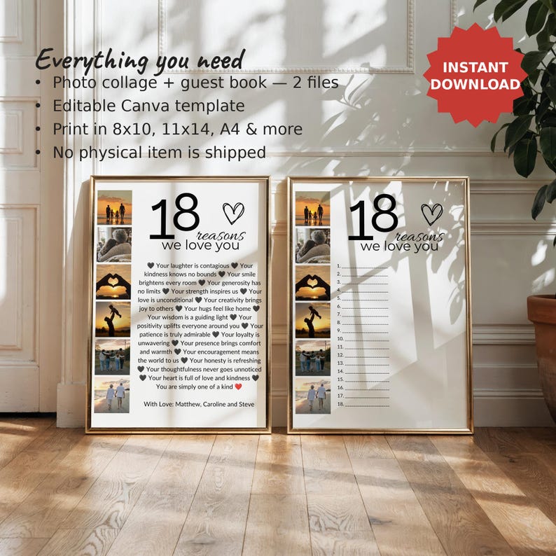 18 Reasons We Love You Photo Collage + Guest Book, 18th Birthday Gift, Editable Canva Template image 1