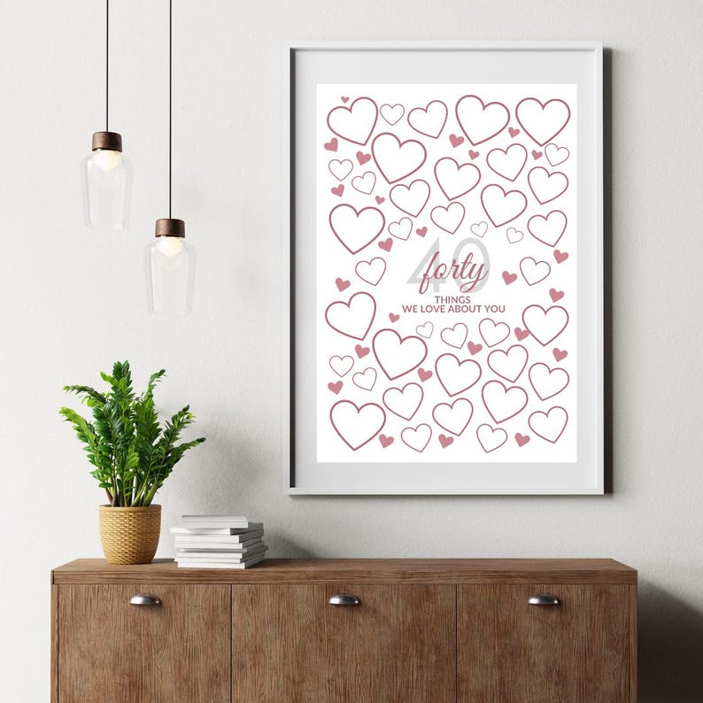 May include: A framed print with a white background, featuring numerous heart outlines in varying sizes. The text "forty things we love about you" is displayed in a soft pink hue, suitable for a birthday or anniversary gift.