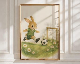 Vintage Sports Nursery Decor, Soccer Bunny Art, Kids Room Print, Baby Shower Gift