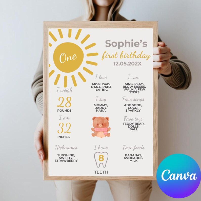 May include: A yellow sun with the word "One" inside, a first birthday chart for a baby named Sophie. The chart includes details like weight, height, favorite foods, and activities. The chart is decorated with a teddy bear and a tooth.