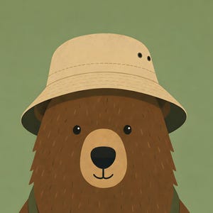 May include: A brown bear illustration featuring a tan bucket hat with stitched detailing and two small black eyelets on the side. The bear has a rounded snout, a black nose, and a simple line mouth, set against a solid muted green background.