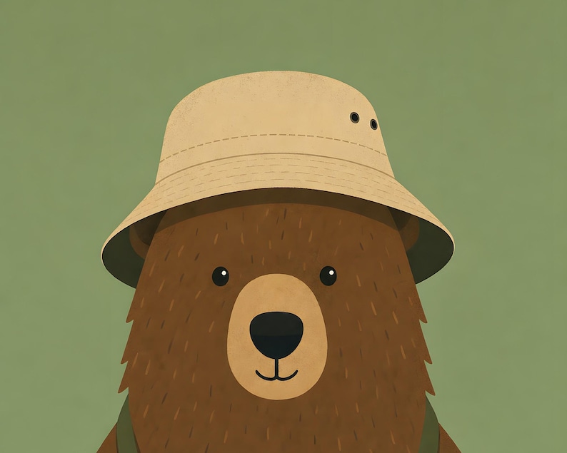 May include: A brown bear illustration featuring a tan bucket hat with stitched detailing and two small black eyelets on the side. The bear has a rounded snout, a black nose, and a simple line mouth, set against a solid muted green background.