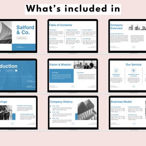 May include: A presentation template for a company called Salford & Co. The template includes slides for an introduction, vision and mission, services, key offerings, company history, and business model. The slides feature a blue and white color scheme and include images of buildings and people.