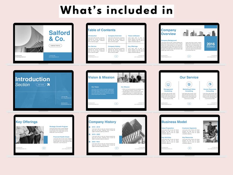 May include: A presentation template for a company called Salford & Co. The template includes slides for an introduction, vision and mission, services, key offerings, company history, and business model. The slides feature a blue and white color scheme and include images of buildings and people.