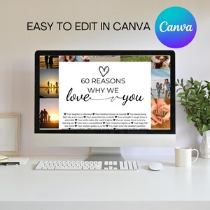 Op de afbeelding: Een computerscherm waarop een collage van foto's te zien is met een witte achtergrond waarop staat "60 redenen waarom we van je houden" met een lijst met redenen onder de tekst. Het scherm staat op een bureau met een toetsenbord, een witte mok en een potplant.