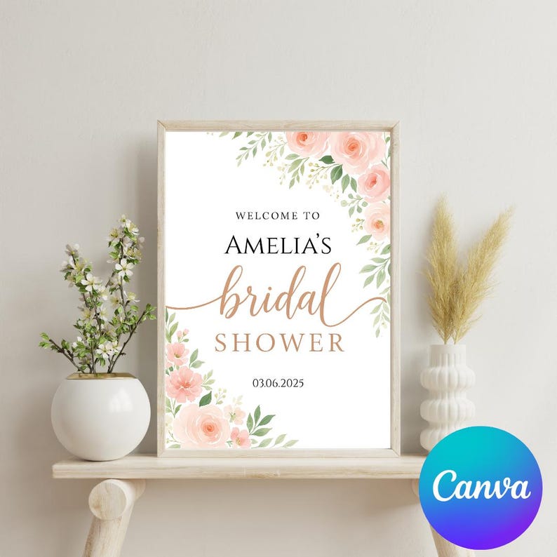 Op de afbeelding: Een afdrukbaar bruidsdouchebord met een bloemenontwerp. Het bord zegt "Welkom bij Amelia's Bridal Shower 03.06.2025".