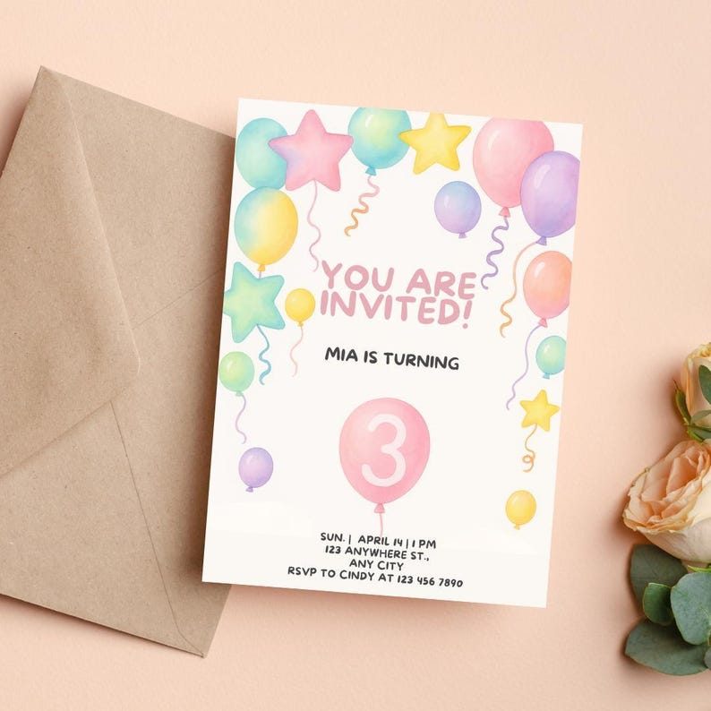 Derde verjaardagsuitnodiging: pastelballonfeestje, bewerkbare sjabloon (digitale download) afbeelding 1