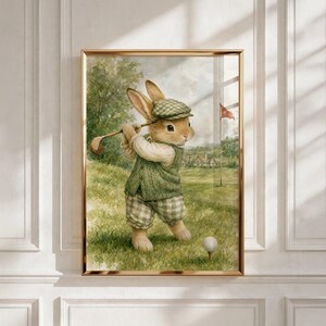 Vintage Sports Nursery Wall Art, Tee Shot Rabbit Golfer Poster, Kids Room Decor image 1