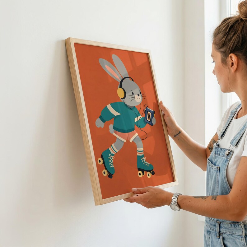 Peut inclure: Une affiche encadr&eacute;e repr&eacute;sentant un lapin gris portant un casque jaune et un pull bleu sarcelle, faisant du patin &agrave; roulettes sur un fond orange uni. Le lapin tient un lecteur de cassette bleu reli&eacute; au casque par un cordon.
