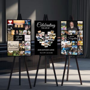 May include: Three memorial photo displays on wooden easels. The displays feature collages of photos, with text that reads "Forever Loved," "Celebrating the Life of John Anthony Locke," and "Never Forgotten." The displays are black with white text and photos.