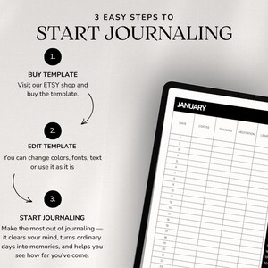 Op de afbeelding: Een digitale journaalsjabloon met een zwarte rand, met een januari-kalenderindeling. De afbeelding bevat instructies: Kopen, Bewerken en Beginnen met journalen. De tekst moedigt gebruikers aan om hun geest leeg te maken en de voortgang bij te houden.