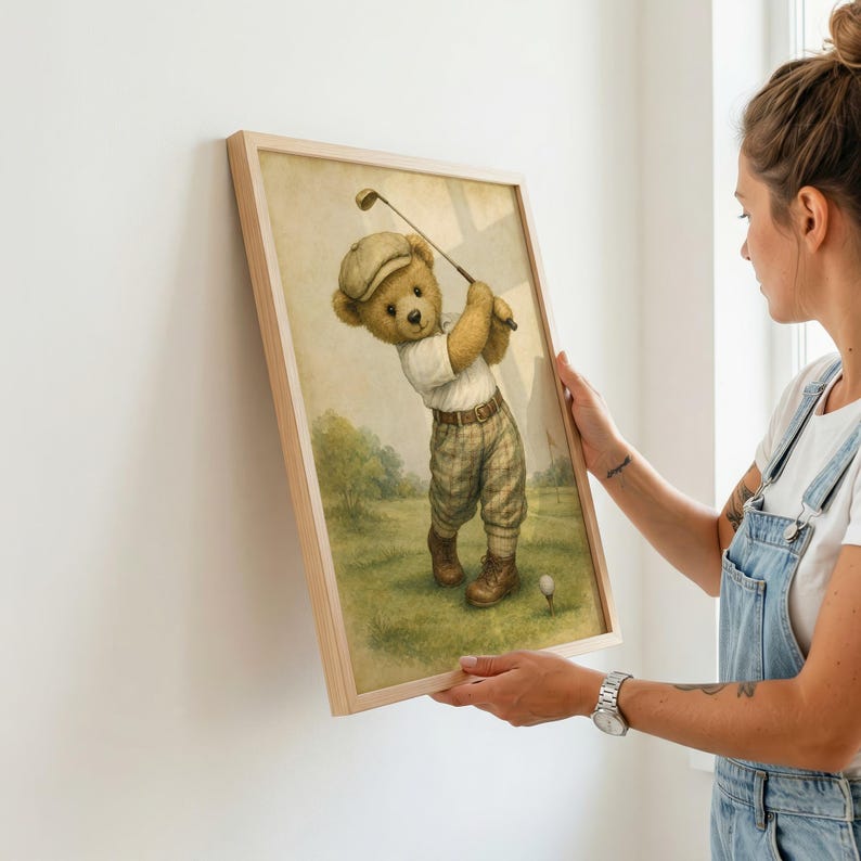 Lámina infantil Vintage Golf Bear, decoración única para habitación de niño, regalo para baby shower, descarga digital. imagen 3