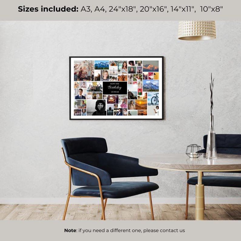 May include: A black framed photo collage with a white background and a variety of images. The collage includes a photo of a person with the text "Happy 19th Birthday" in a black box. The collage is hanging on a wall in a room with a chair and a table.