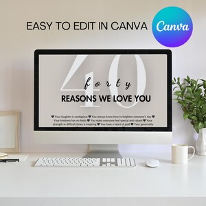 May include: A computer screen displaying a printable birthday card design with the number 40 and the text "forty reasons we love you". The text on the card lists reasons why someone is loved. The card is designed to be edited in Canva.