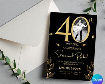 Ruby 40th Anniversary Invitation: Black & Gold Photo Template (Digital Download)