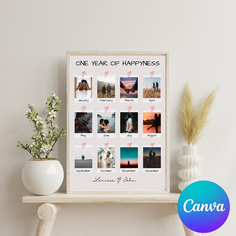 May include: A framed print with a collage of 12 photos of a couple, each photo representing a month of the year. The photos are arranged in a grid with the month name below each photo. The text "ONE YEAR OF HAPPYNESS" is at the top of the print. The names "Lerissa & John" are at the bottom of the print.