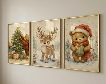 3er-Set Weihnachtsbilder, Festliche Kinderzimmerdekoration, Sofort-Download
