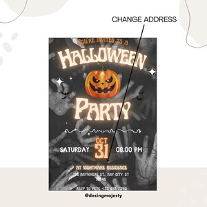 May include: Halloween party invitation with a spooky design. Features a glowing orange jack-o'-lantern, the words "Halloween Party", and the date October 31st. Includes the time, location, and RSVP information.