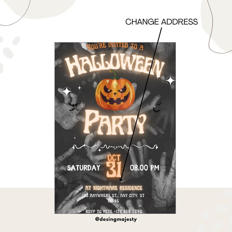 May include: Halloween party invitation with a spooky design. Features a glowing orange jack-o'-lantern, the words "Halloween Party", and the date October 31st. Includes the time, location, and RSVP information.