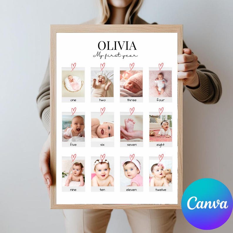 以下が含まれることがあります： ピンクのハートのデザインと「OLIVIA My first year」というテキストが上部に書かれた白いポスター。ポスターには、1歳になった女の子の写真が12枚掲載されており、それぞれの写真には1から12までの番号が付けられています。