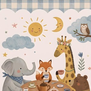 May include: A digital illustration featuring a gray elephant, a fox, a giraffe with a flower crown, and a brown bear sitting around a table for tea. The scene includes a sun, a crescent moon, an owl on a branch, and clouds on a light background.
