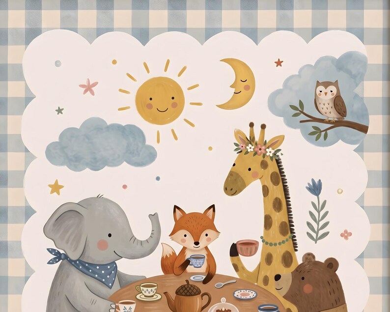 May include: A digital illustration featuring a gray elephant, a fox, a giraffe with a flower crown, and a brown bear sitting around a table for tea. The scene includes a sun, a crescent moon, an owl on a branch, and clouds on a light background.