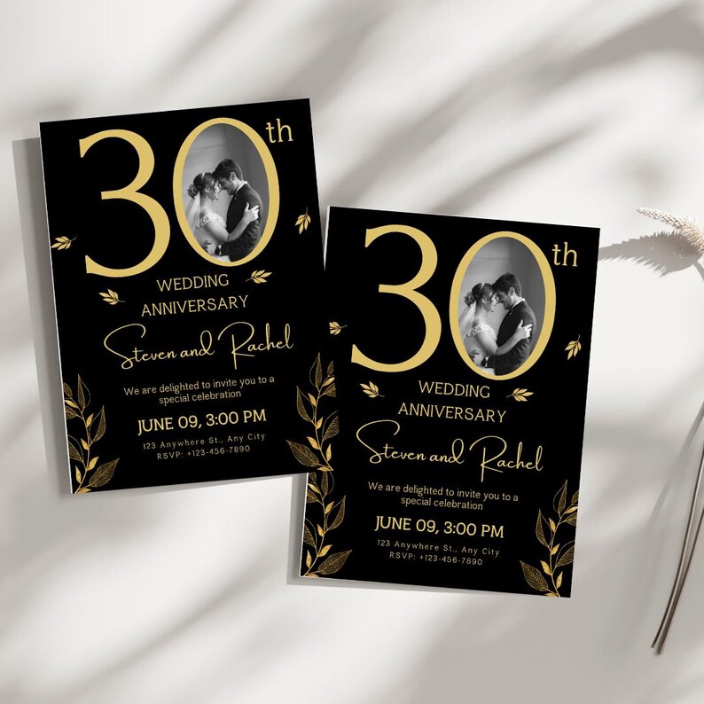 Inbjudan till 30-årsjubileum: Svart och guld, fotomall (digital nedladdning) bild 10