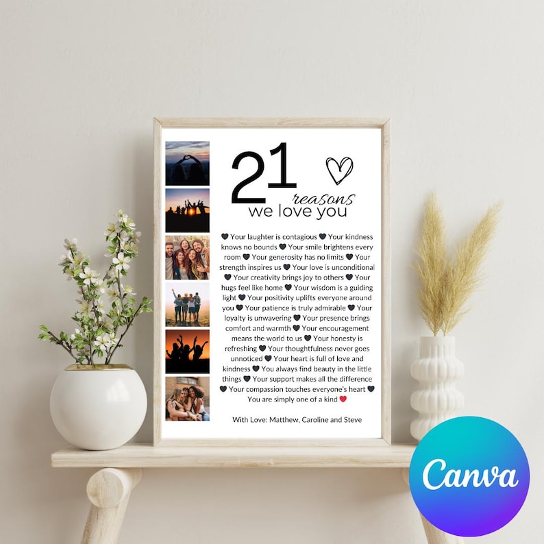 May include: A white framed print with a collage of photos and text that reads "21 reasons we love you". The text lists 21 reasons why someone is loved, including their laughter, kindness, generosity, and strength. The print is signed "With Love: Matthew, Caroline and Steve".