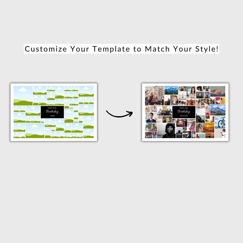 May include: A collage template with a green and blue landscape design. The template is filled with small squares for photos. The text "Happy Birthday" is in the center of the template.