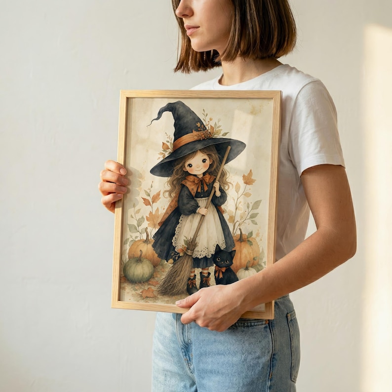 Puede incluir: Una l&aacute;mina art&iacute;stica enmarcada con una ilustraci&oacute;n en acuarela de un personaje joven con un sombrero de bruja negro puntiagudo, un vestido oscuro con delantal blanco y una escoba. Un peque&ntilde;o gato negro se sienta cerca entre calabazas naranjas.