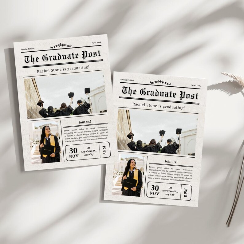 May include: A graduation announcement in the style of a newspaper with the headline "The Graduate Post". The announcement features a photo of a group of graduates in caps and gowns, and the text "Rachel Stone is graduating!" The announcement also includes the date and time of the graduation ceremony.