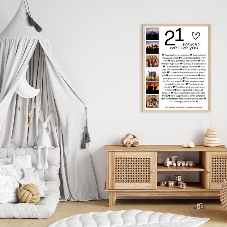 May include: A framed print with a black and white design featuring 21 reasons to love someone. The print includes a collage of photos in the top right corner. The text reads "21 reasons we love you".