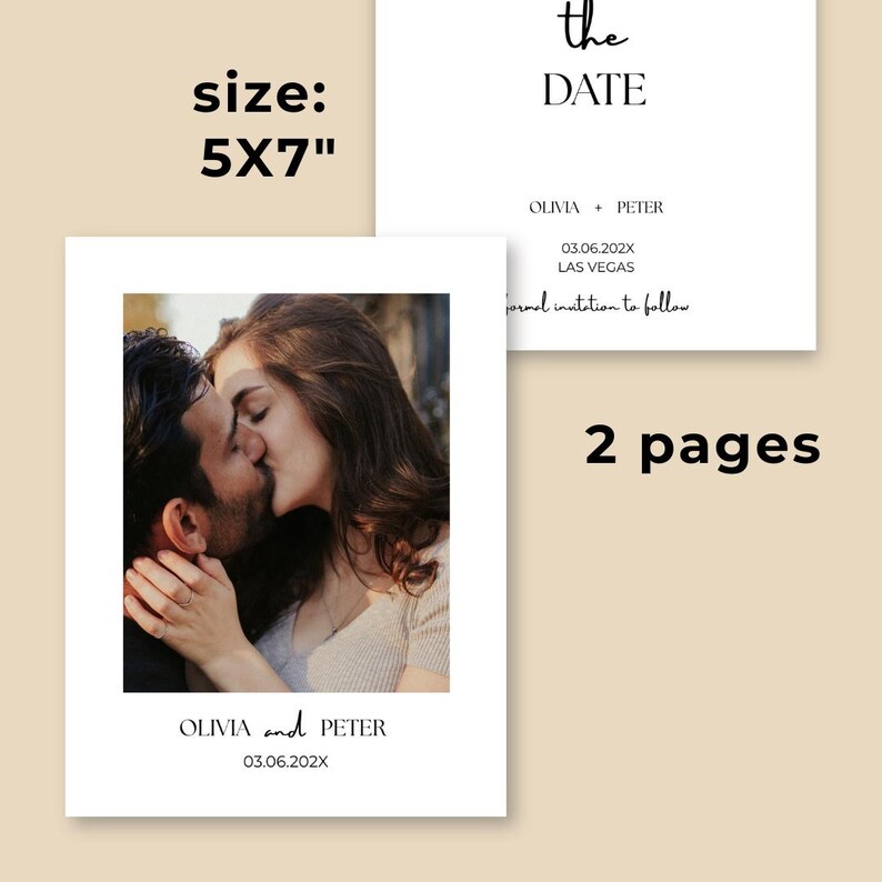 Op de afbeelding: Trouwkaartontwerp met foto van een kussend stel, tekst "OLIVIA and PETER" en datum "03.06.202X". De uitnodiging is 12,7 x 17,8 cm groot en bevat een tweede pagina met de tekst "the DATE" en huwelijksdetails.