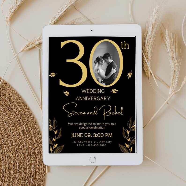 Inbjudan till 30-årsjubileum: Svart och guld, fotomall (digital nedladdning) bild 4