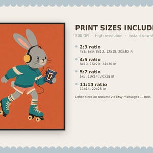 Peut inclure: Une impression d'art num&eacute;rique montrant un lapin gris avec un casque jaune et un pull bleu sarcelle, faisant du patin &agrave; roulettes avec un lecteur cassette. Le texte indique PRINT SIZES INCLUDED, 300 DPI, High resolution, Instant download, avec des ratios et tailles en pouces.