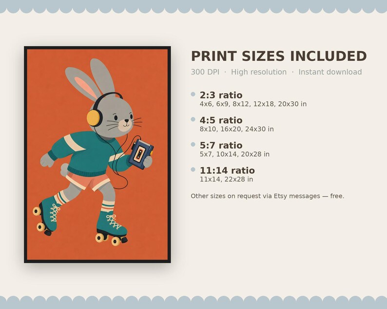 Peut inclure: Une impression d'art num&eacute;rique montrant un lapin gris avec un casque jaune et un pull bleu sarcelle, faisant du patin &agrave; roulettes avec un lecteur cassette. Le texte indique PRINT SIZES INCLUDED, 300 DPI, High resolution, Instant download, avec des ratios et tailles en pouces.
