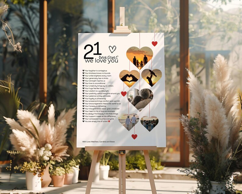 Cadeau pour son 21e anniversaire : 21 raisons pour lesquelles nous t’aimons (cœurs photo), modèle Canva modifiable, téléchargement numérique image 5