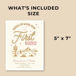 May include: A cream-colored invitation with the text "Saddle Up & Ride Over" and "First Rodeo" in a Western-style font. The invitation is 5" x 7" and includes event details. The design features a cactus and desert landscape.