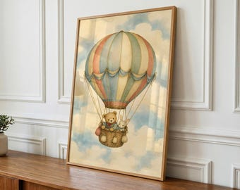 Vintage Hot Air Balloon Print, Nursery Wall Art, Teddy Bear Bunny (Digital Download)