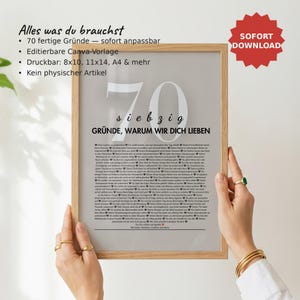 Personalisiertes Geschenk zum 70. Geburtstag – 70 Gründe warum wir dich lieben, Canva Vorlage (Download digitale) immagine 1