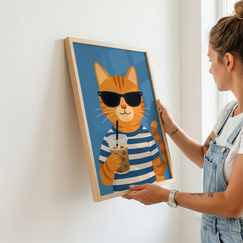 May include: A framed wall art print featuring an orange tabby cat wearing black sunglasses and a blue and white striped shirt, holding a clear plastic cup filled with an iced beverage and a black straw against a solid blue background.