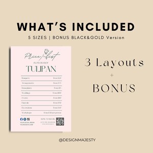 Puede incluir: Una lista de precios rosa y verde para una tienda de flores llamada "Tulipan" con precios para ramos, arreglos, plantas de interior, bodas, eventos, funerales, decoraciones y talleres. La lista de precios tambi&eacute;n incluye iconos de redes sociales y un c&oacute;digo QR.