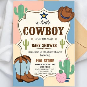 May include: A light blue and pink baby shower invitation with a cowboy theme. The invitation features a cowboy hat, boots, cacti, and a star. The text reads "a little cowboy is on the way!" and includes details for the baby shower, including the date, time, location, and RSVP information.