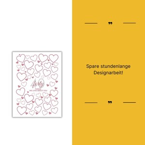 May include: A white card with pink hearts of varying sizes. The word "forty" is in a script font, with the text "things we love about you" below it. The background is yellow with text.