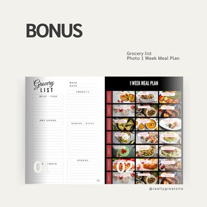 Op de afbeelding: Een notitieboek voor maaltijdplanning open op twee pagina's. De linkerpagina is een boodschappenlijst met secties voor vlees/vis, producten, droge goederen, bakken/zuivel en andere items. De rechterpagina is een maaltijdplan voor 1 week.