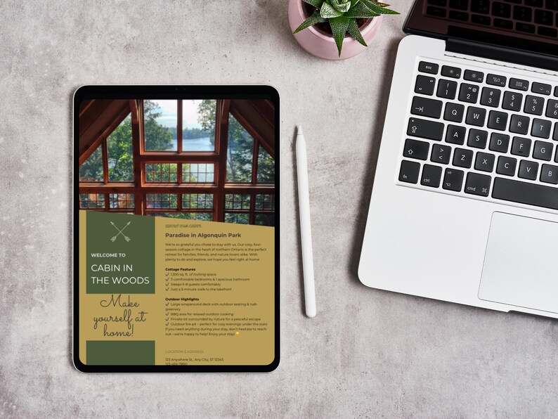 May include: A digital tablet displaying a brochure for a cabin rental in Algonquin Park. The brochure features a photo of a large window with a view of a lake and trees. The text on the brochure reads "Welcome to Cabin in the Woods" and "Paradise in Algonquin Park".