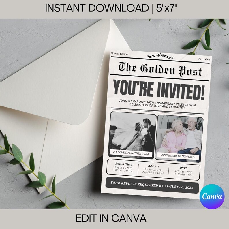 Peut inclure: Une invitation de style journal noir et blanc pour une c&eacute;l&eacute;bration de 50e anniversaire. Le titre principal indique "Vous &ecirc;tes invit&eacute;s !" et le texte ci-dessous indique "C&eacute;l&eacute;bration du 50e anniversaire de John et Sharon - 18 250 jours d'amour et de rires." L'invitation comprend deux photos du couple, l'une de leur jour de mariage et l'autre de nos jours. L'invitation comprend &eacute;galement la date, l'heure, l'adresse et les informations RSVP. Le texte "Votre r&eacute;ponse est demand&eacute;e avant le 20 ao&ucirc;t 2025." se trouve en bas de l'invitation.