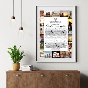 Puede incluir: Un collage de fotos enmarcado en blanco con un texto superpuesto en blanco y negro que dice "40 razones por las que te amamos". El texto est&aacute; rodeado de corazones. Las fotos son de una familia y amigos.